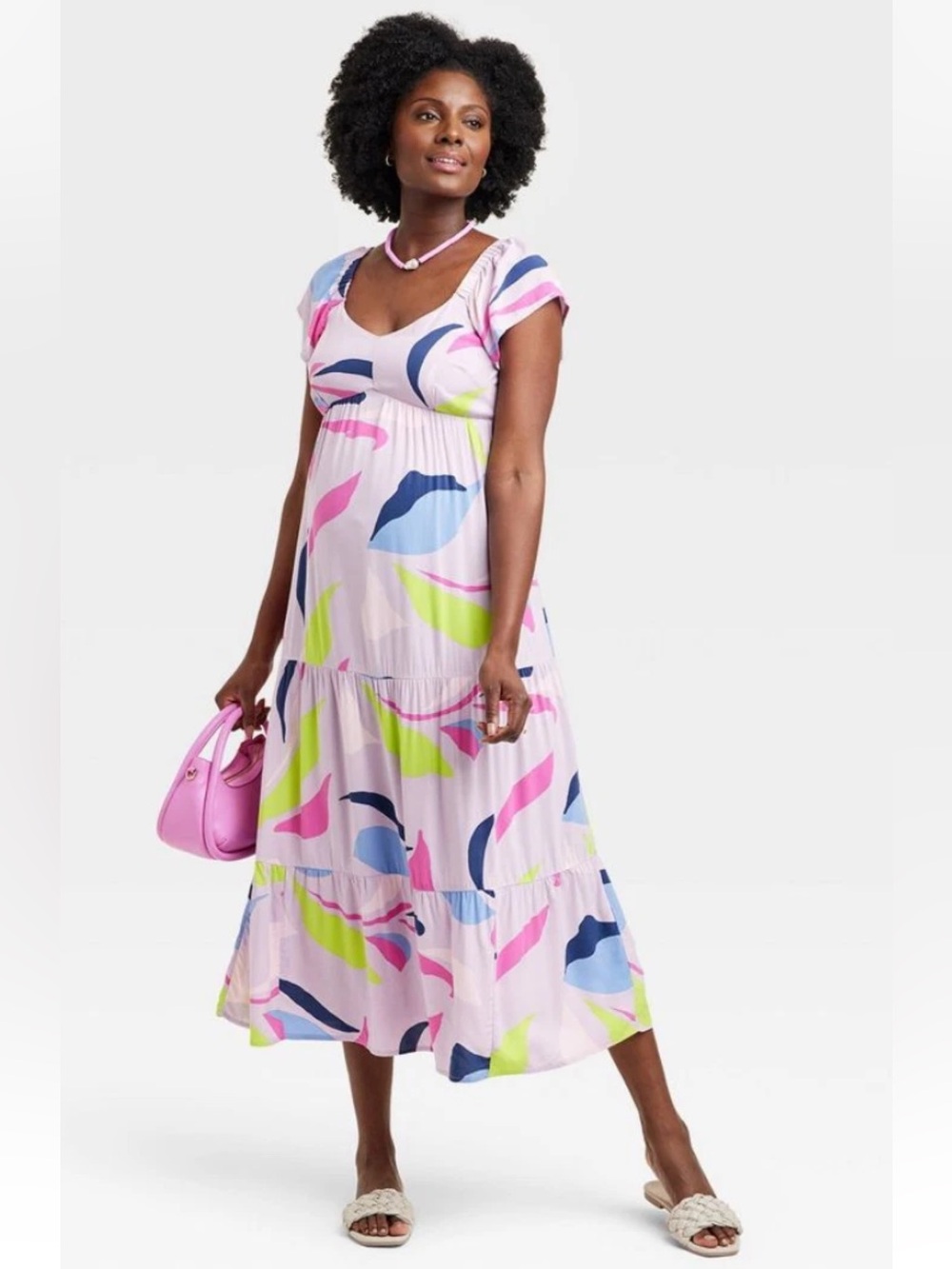 Isabel Maternity Multicolor Printed Tiered Midi Flutter Dress Size Small